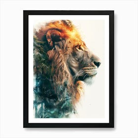 Double Exposure Realistic Lion With Jungle 39 Art Print