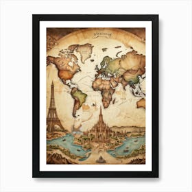 A World Map Visualizing An International Journey Pinpointing Iconic Historical Landmarks Across Var (5) Art Print