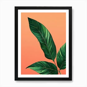 Green Leaf On Orange Background Art Print