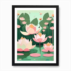 Lotus Flowers In Park Scandi Cartoon 1 Art Print