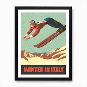 Winter In Italy, Man On Ski Jump Art Print