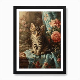 Kitten With Pink Flowers Rococo Inspired 1 Art Print