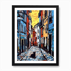 Painting Of Lisbon Portugal With A Cat In The Style Of Pop Art 1 Art Print