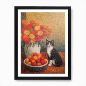 Chrysanthemums With A Cat 4 Pointillism Style Art Print