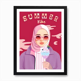 Sunny Delights: A Hijabi's Joy with Gelato Under the Sun Art Print