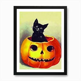 Little Black Cat In A Carved Pumpkin Art Print