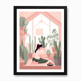 A Woman Doing Yoga With Cacti Illustration 6 Art Print