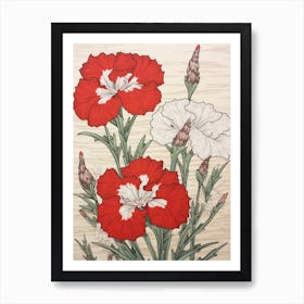 Nadeshiko Dianthus Vintage Botanical Woodblock Art Print