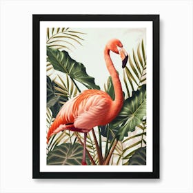 American Flamingo And Alocasia Elephant Ear Minimalist Illustration 4 Art Print