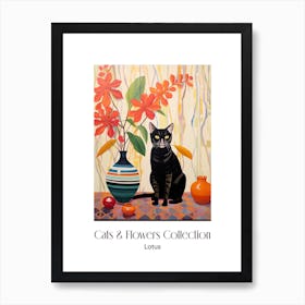 Cats & Flowers Collection Lotus Flower Vase And A Cat, A Painting In The Style Of Matisse 2 Art Print