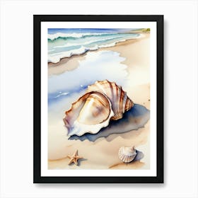 Seashell on the beach, watercolor painting Art Print