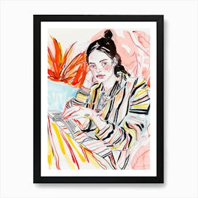 Woman Reading A Book. Watercolor Sketch Portrait Art Print