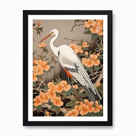 Orange Flowers And Crane Vintage Japanese Botanical Art Print