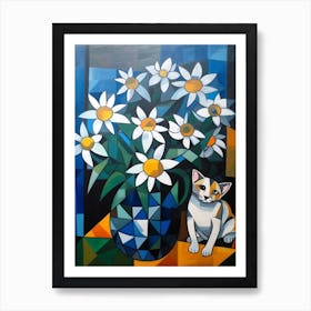 Daisies With A Cat 3 Cubism Picasso Style Art Print