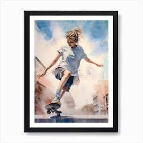 Girl Skateboarding In Sydney, Australia Watercolour 2 Art Print