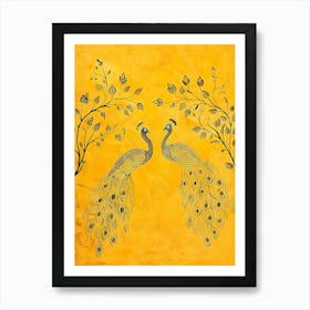 Peacocks On A Yellow Background Art Print