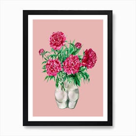 Peonies In Bum Vase On Pink Art Print
