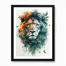 Double Exposure Realistic Lion With Jungle 18 Art Print