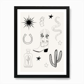 Western Line Drawing B&W Art Print