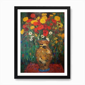 Snapdragons With A Cat 1 Art Nouveau Klimt Style Art Print