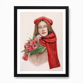 Watercolor illustration of a French woman with a bouquet of red tulips 1 Art Print