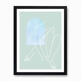 Line Art Woman Legs Crossed Looking Down Pastel Art Print