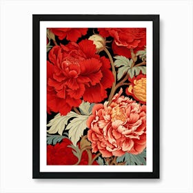 Peony Flowers On Black Background Art Print