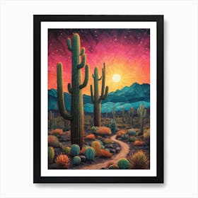 Neon Cactus Glowing Landscape (23) Art Print