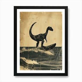 Vintage Diplodocus Dinosaur On A Surf Board 1 Art Print