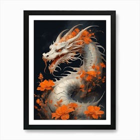 Japanese Dragon Abstract Flowers Painting (19) Art Print