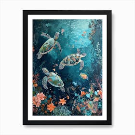 Sea Turtles With A Coral Reef Expressionism Style Painting 5 Art Print