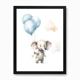Baby Elephant Flying With Ballons, Watercolour Nursery Art 1 Art Print