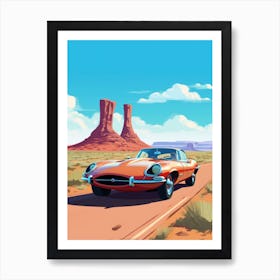 A Jaguar E Type Car In Route 66 Flat Illustration 4 Art Print