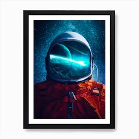 Astronaut Helmet Reflection And Blue Stars Art Print