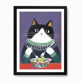 Black And White Cat Eating Pizza Folk Illustration 6 Art Print