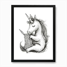 A Unicorn Knitting Black & White Illustration Art Print