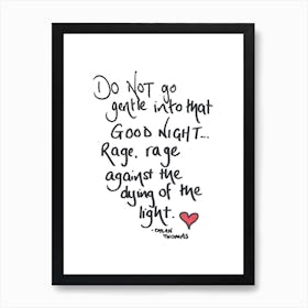 Welsh Art Print Handwritten Quote Do Not Go Gentle Dylan Thomas Art Print