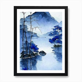 Blue Lake Landscapes Waterscape Watercolour Ink Garden 1 Art Print