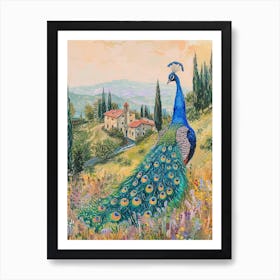 Peacock In The Meadow With A Country House In The Background Art Print