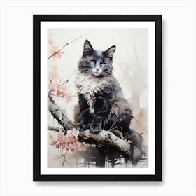 Cat, Japanese Brush Painting, Ukiyo E, Minimal 2 Art Print
