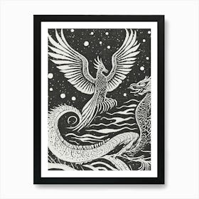 Phoenix And Dragon Linocut Art Print