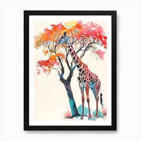 Giraffe Under The Acacia Tree Watercolour 2 Art Print