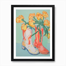 Painting Of Yellow Flowers And Cowboy Boots, Oil Style 1 2 Art Print