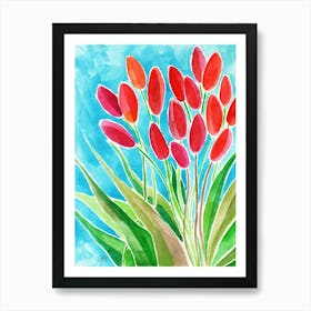 Fresh Tulips - watercolor painting hand painted floral flower vertical teal red green blue living room kitchen Art Print