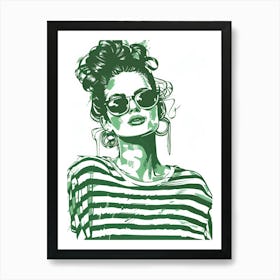 Fashion Girl In Green Striped Shirt Art Print