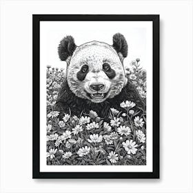 Giant Panda Cub Ink Illustration A Field Of Flowers Ink Illustration 2 Art Print