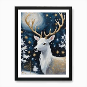 Yuletide Stag by Sarah Valentine ~ Blessed Yule Christmas Xmas Greetings Gold and Stars Winter Fae Animals Snow Scene 1 Art Print
