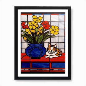 Bouvardia With A Cat 2 De Stijl Style Mondrian Art Print