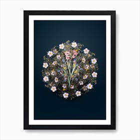 Vintage Sword Lily Flower Wreath on Teal Blue n.2354 Art Print