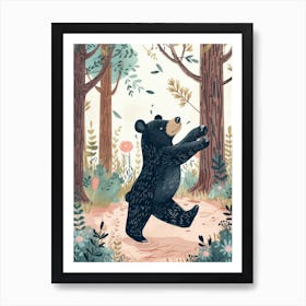 American Black Bear Dancing In The Woods Storybook Illustration 2 Art Print